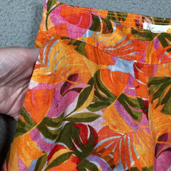 C&C California Linen Pants Womens Small Orange Tropical Floral Wide‎ Leg Cropped - Picture 9 of 11